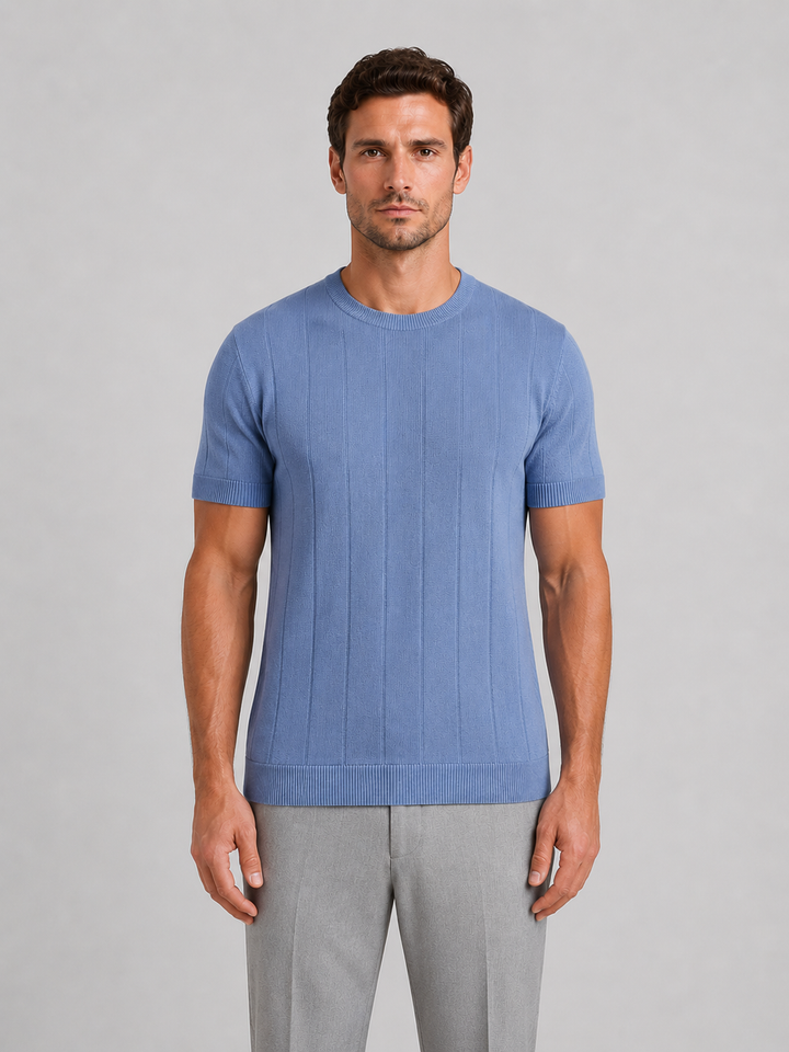 Fine Knit Short Sleeve Tee for Men – Crew Neck, Ribbed Neckline and Hem