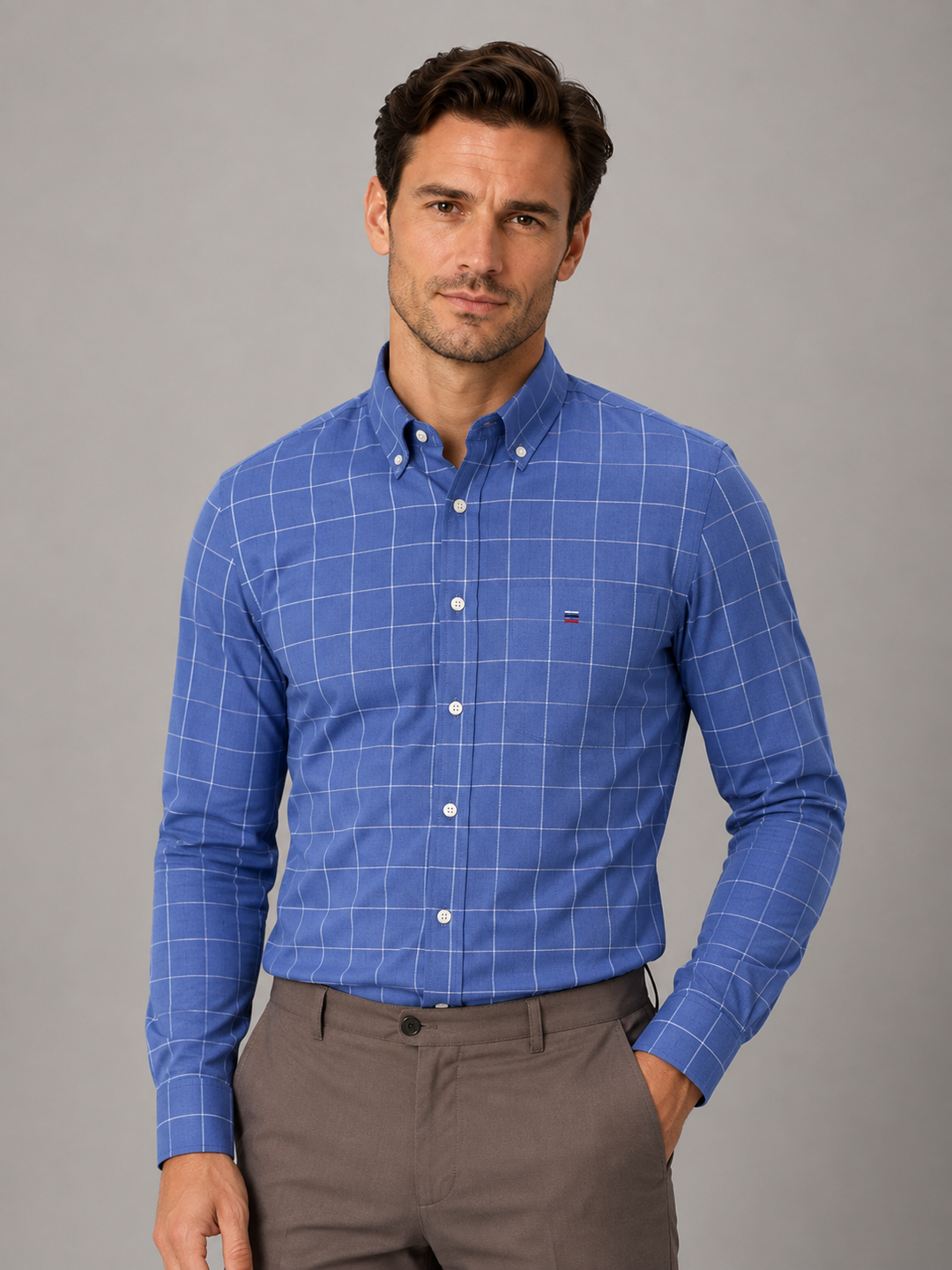 Button-Down Collar Cotton Shirt for Men – Long Sleeves, Chest Pocket