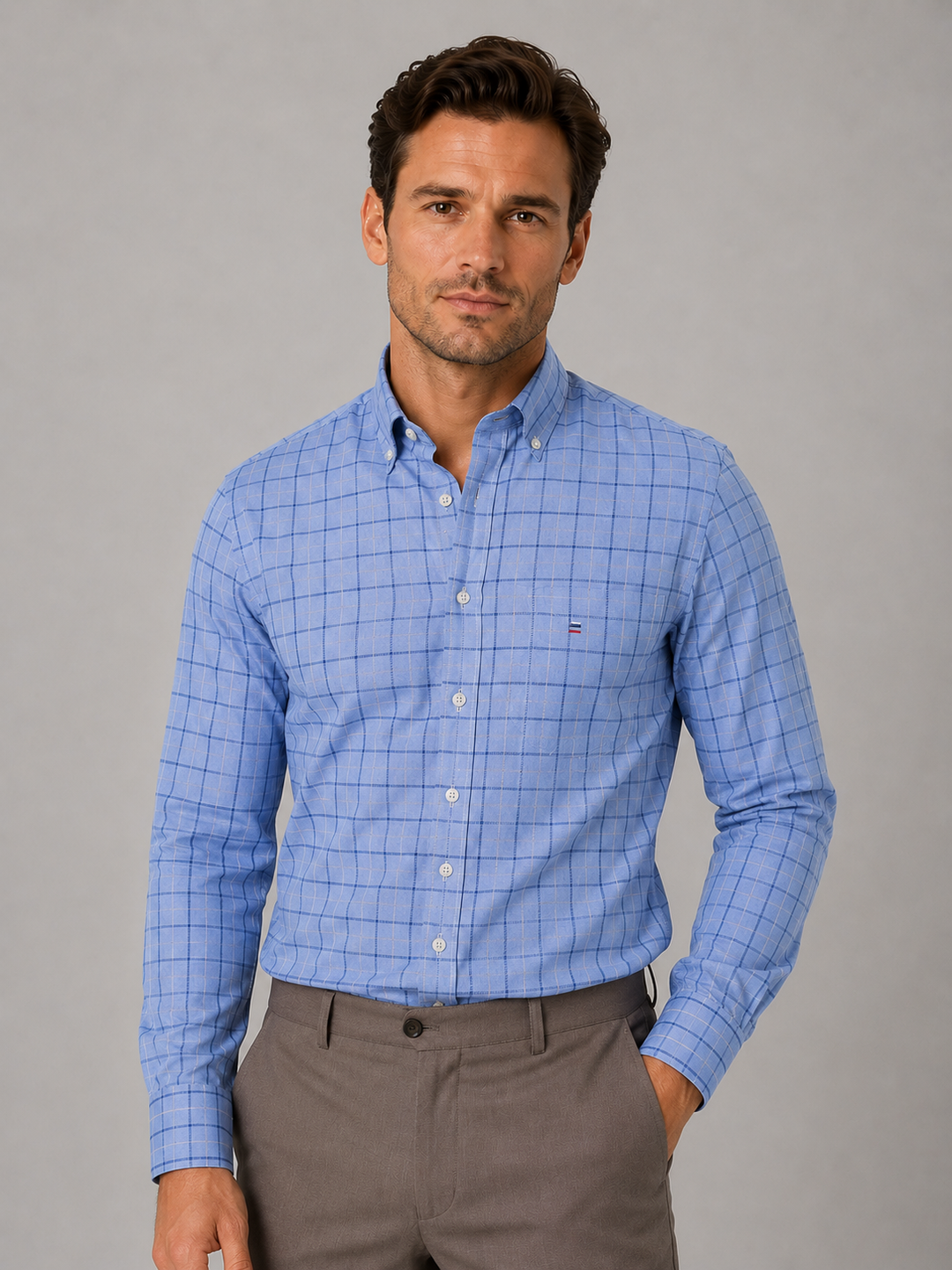 Button-Down Collar Cotton Shirt for Men – Long Sleeves, Chest Pocket