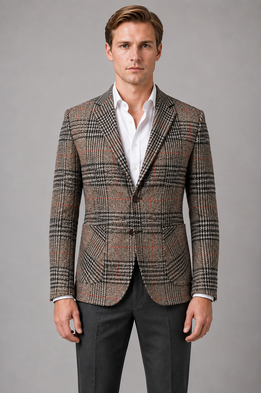 Checked Tweed Blazer for Men – Single-Breasted, Notched Lapel, Tailored Fit