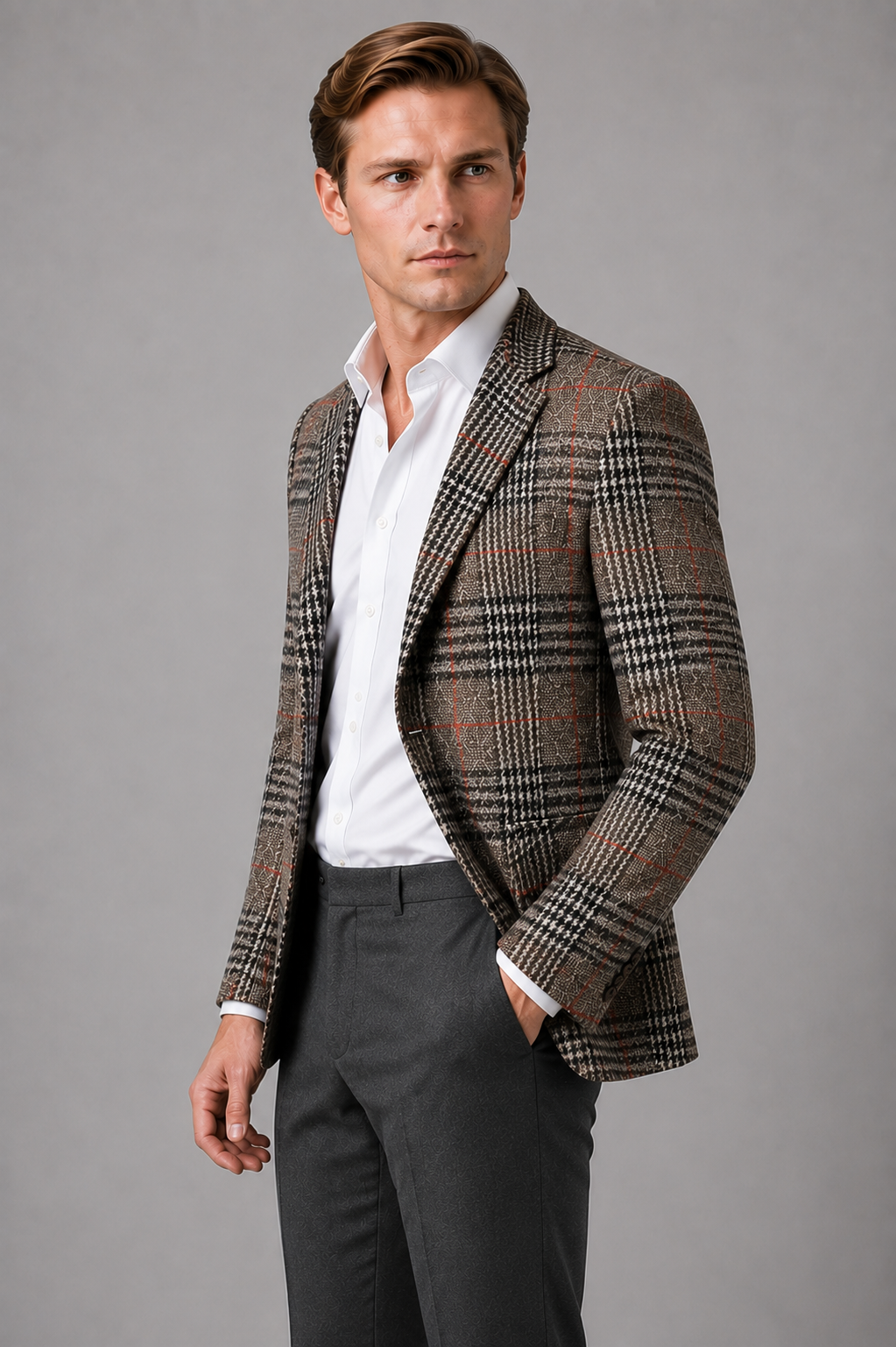 Checked Tweed Blazer for Men – Single-Breasted, Notched Lapel, Tailored Fit