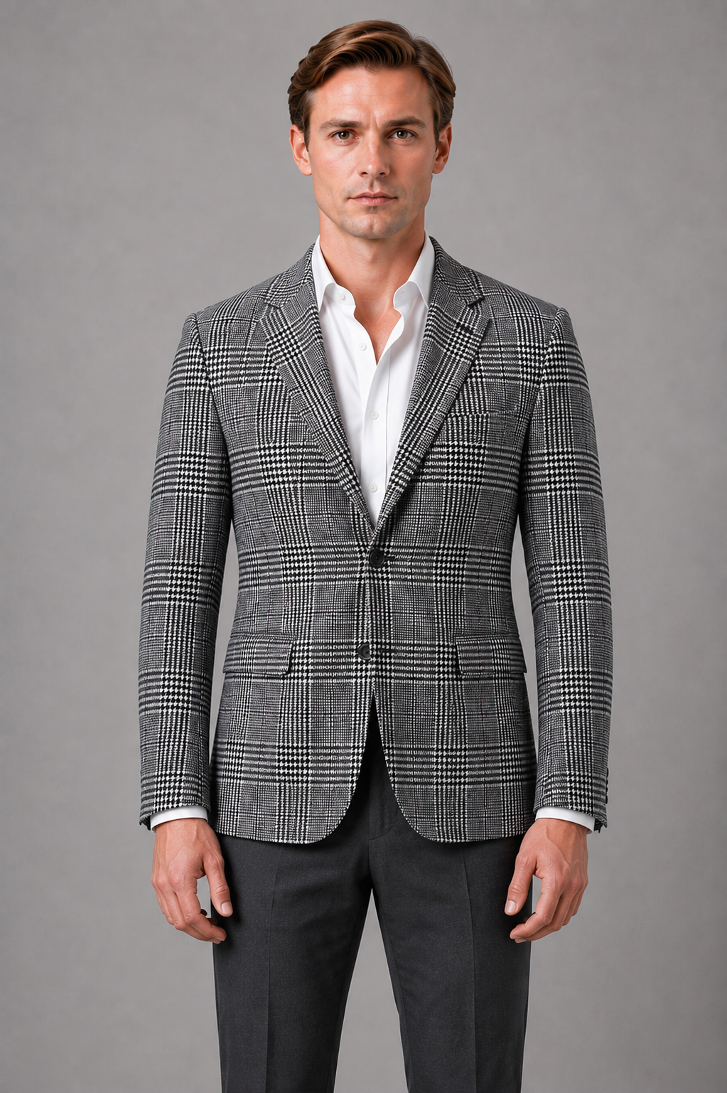 Checked Tweed Blazer for Men – Single-Breasted, Notched Lapel, Tailored Fit
