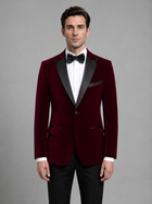 Velvet-Look Tuxedo Blazer for Men – Contrast Peak Lapels, Single Button in Red