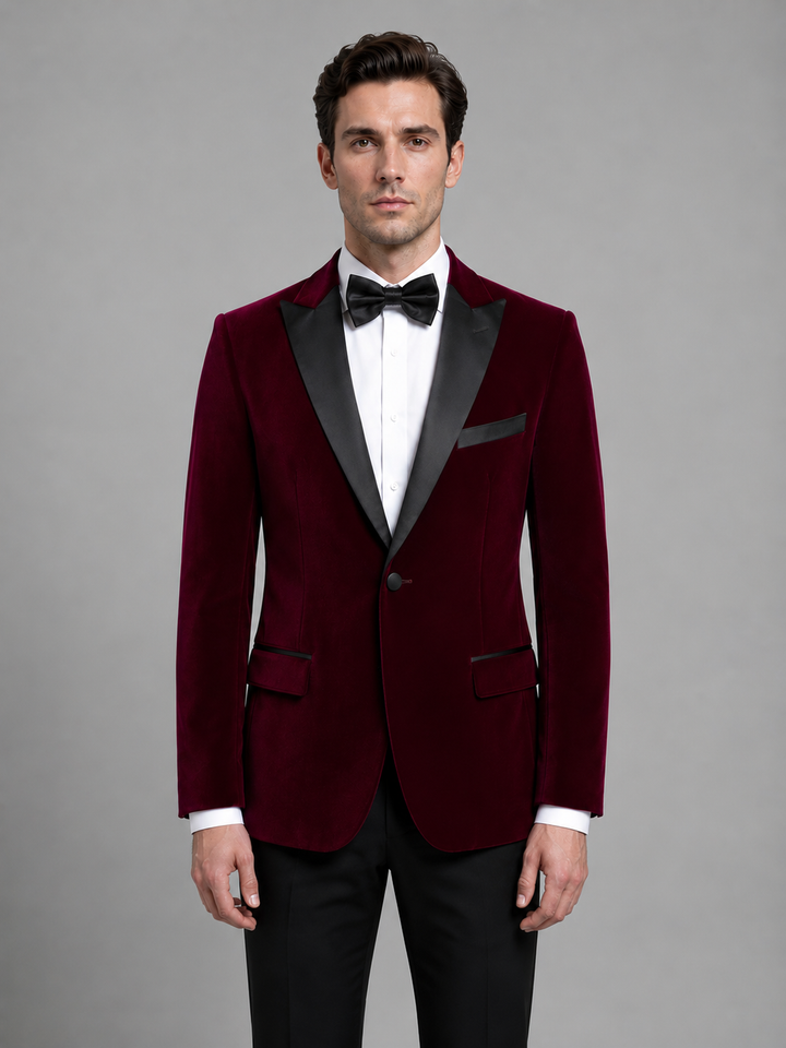 Velvet-Look Tuxedo Blazer for Men – Contrast Peak Lapels, Single Button in Red