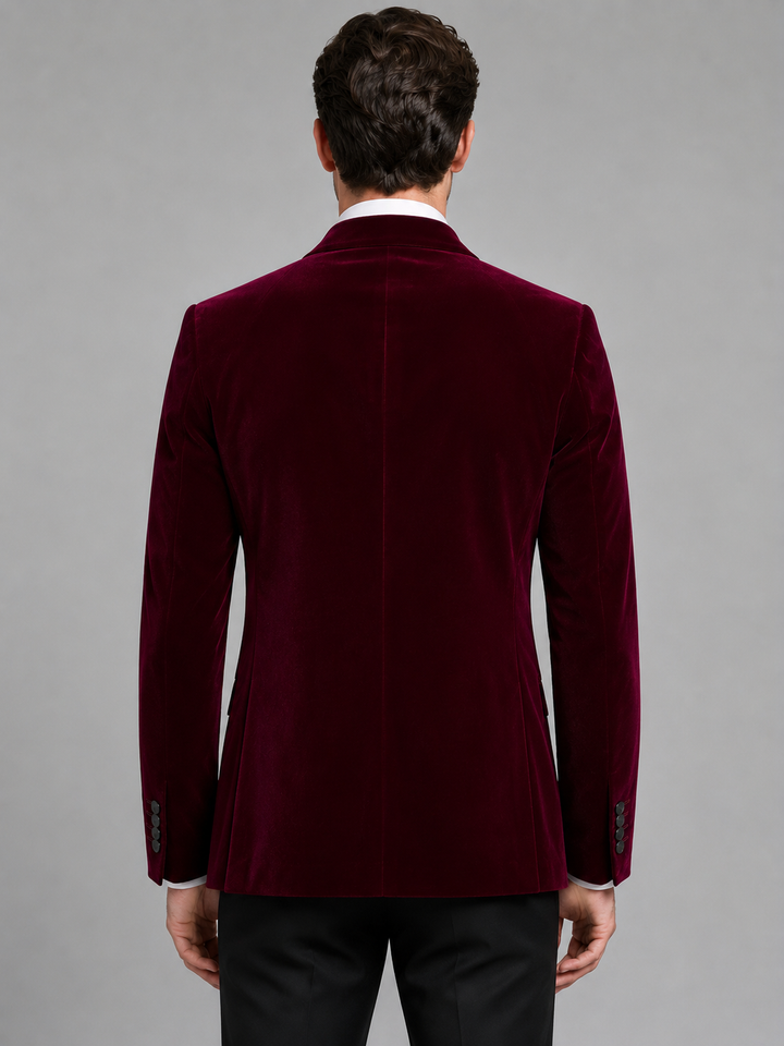 Velvet-Look Tuxedo Blazer for Men – Contrast Peak Lapels, Single Button in Red