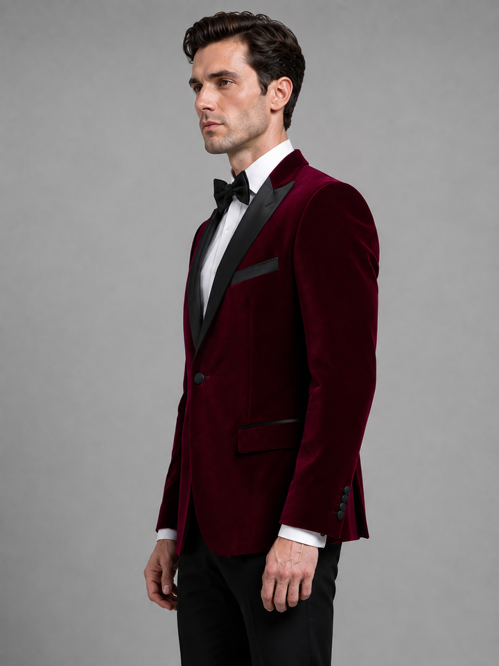 Velvet-Look Tuxedo Blazer for Men – Contrast Peak Lapels, Single Button in Red