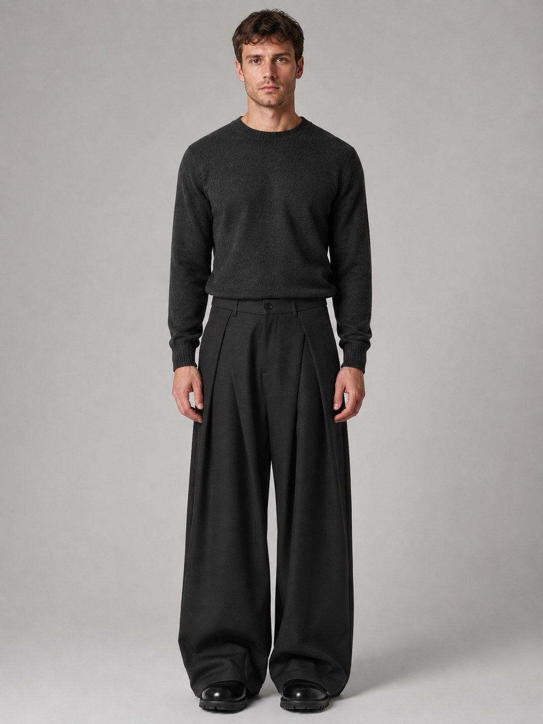 Pleated Wide-Leg Tailored Pants for Men – Relaxed Leg, Belt Loops, Side Pockets