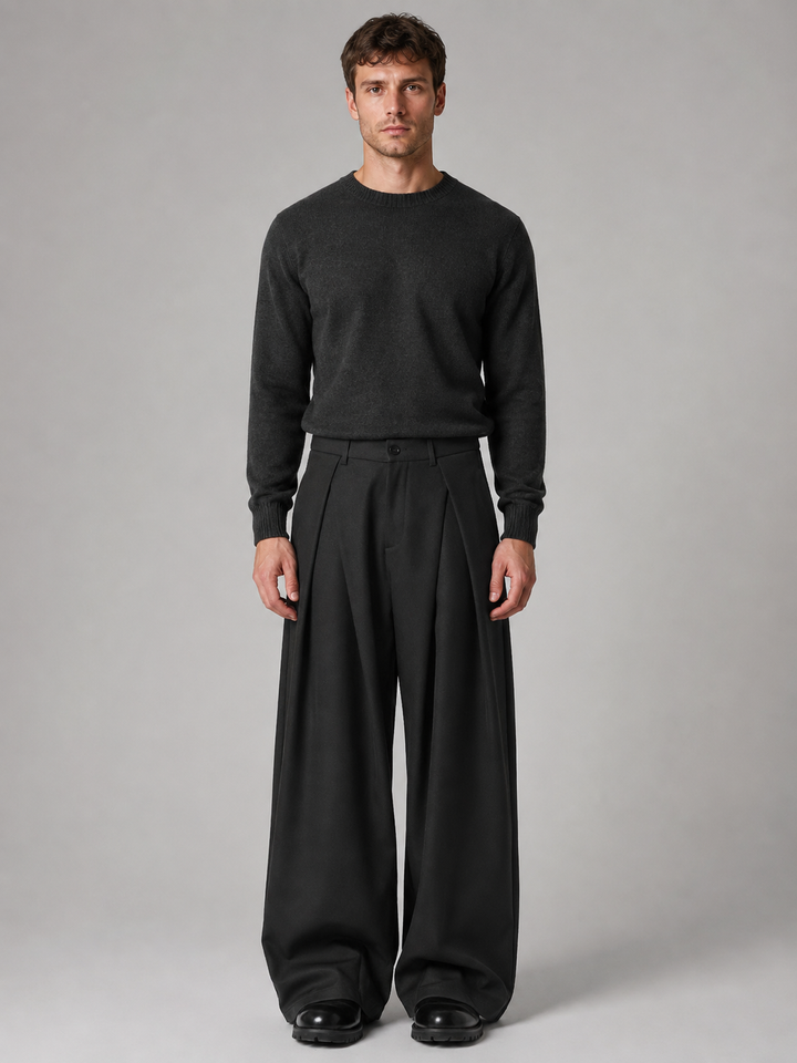 Pleated Wide-Leg Tailored Pants for Men – Relaxed Leg, Belt Loops, Side Pockets