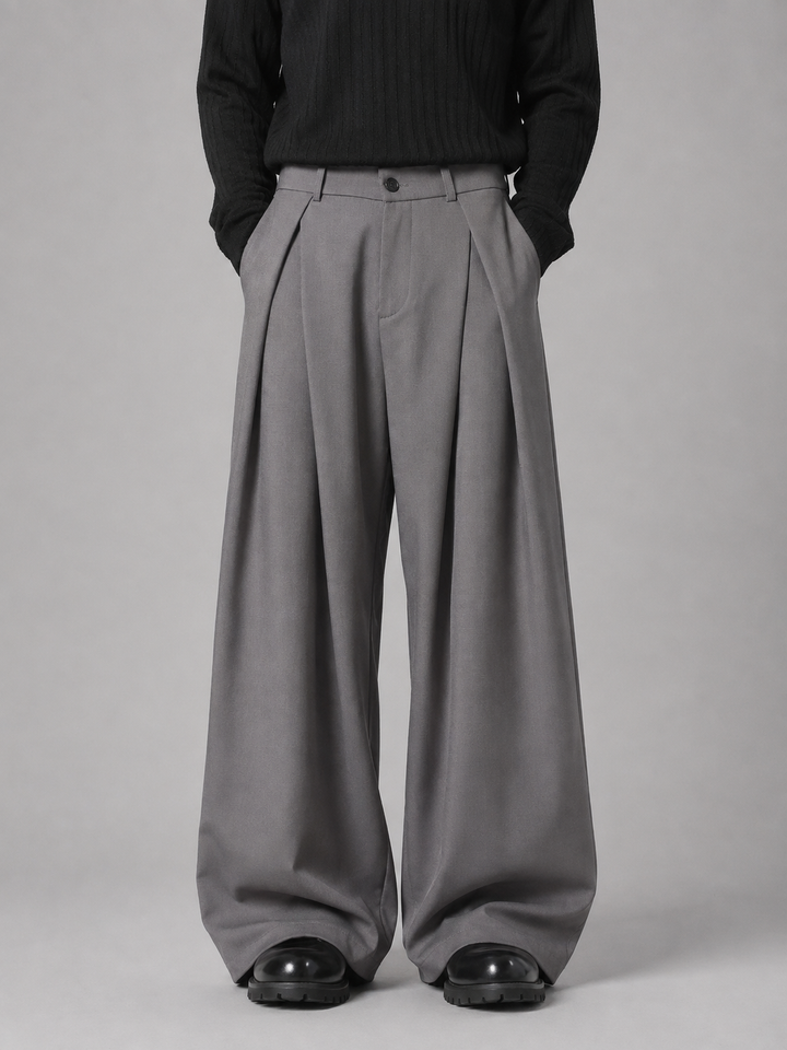Pleated Wide-Leg Tailored Pants for Men – Relaxed Leg, Belt Loops, Side Pockets