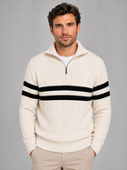 Wool-Blend Half-Zip Cable Knit Sweater for Men – Contrast Stripe, Ribbed Collar