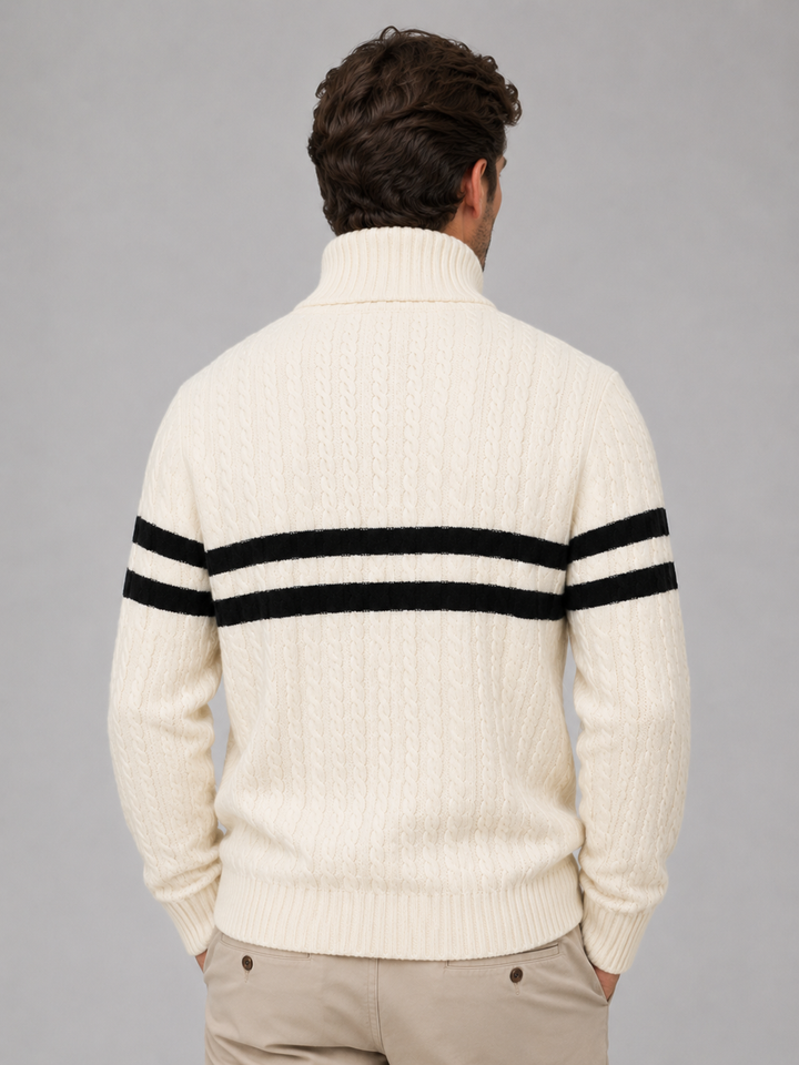 Wool-Blend Half-Zip Cable Knit Sweater for Men – Contrast Stripe, Ribbed Collar