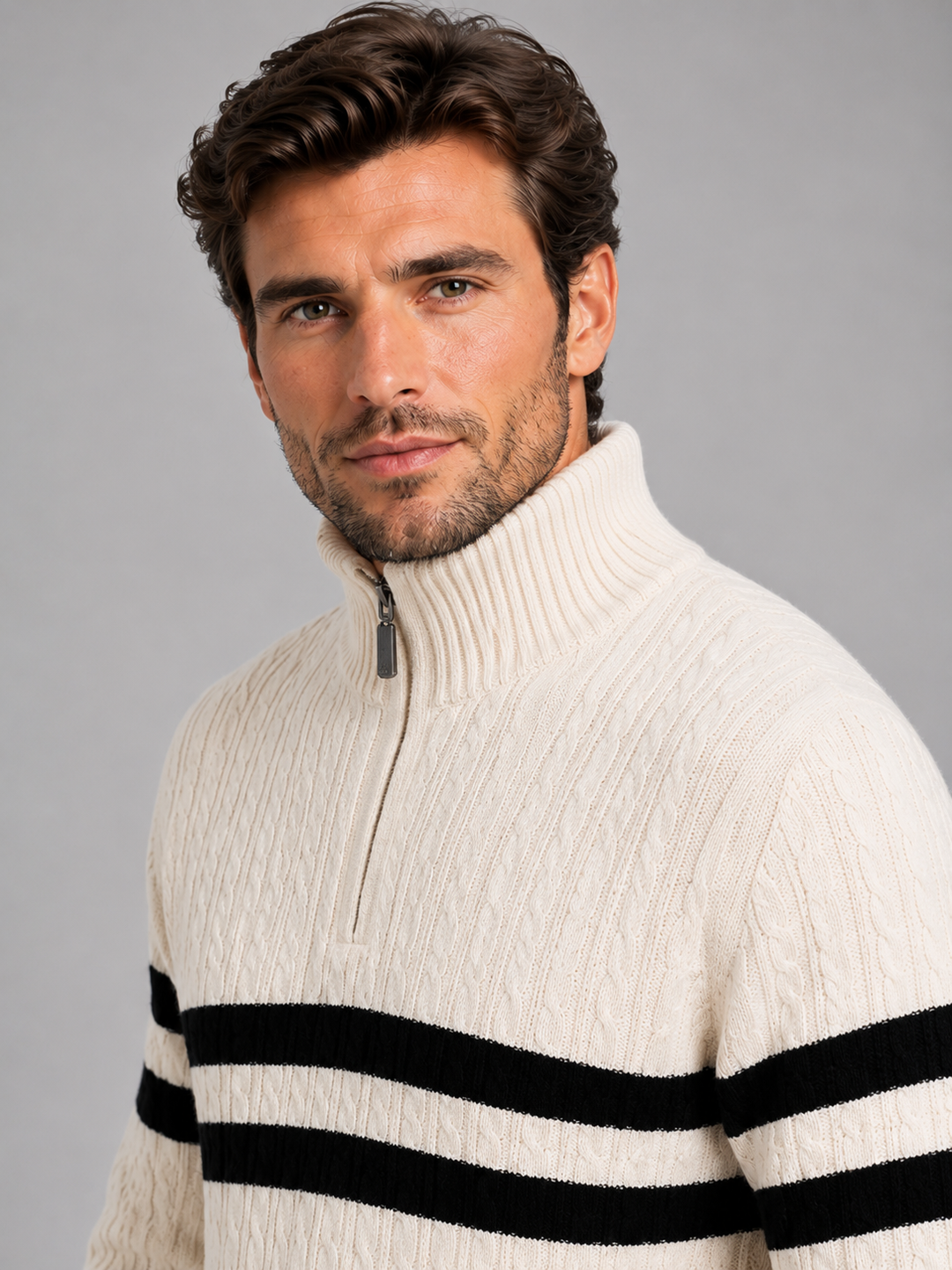 Wool-Blend Half-Zip Cable Knit Sweater for Men – Contrast Stripe, Ribbed Collar