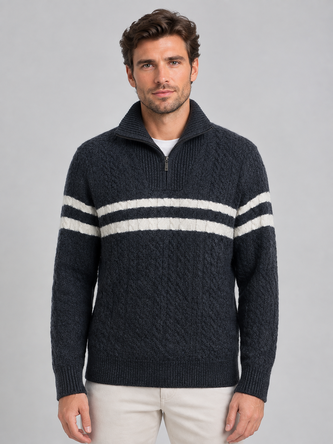 Wool-Blend Half-Zip Cable Knit Sweater for Men – Contrast Stripe, Ribbed Collar