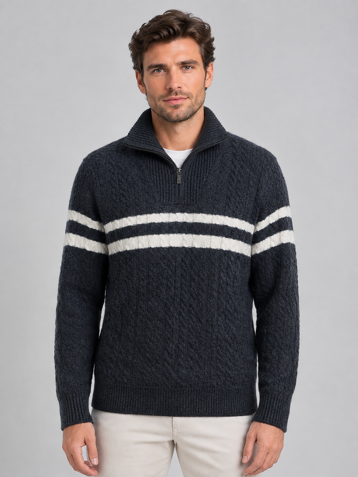 Wool-Blend Half-Zip Cable Knit Sweater for Men – Contrast Stripe, Ribbed Collar