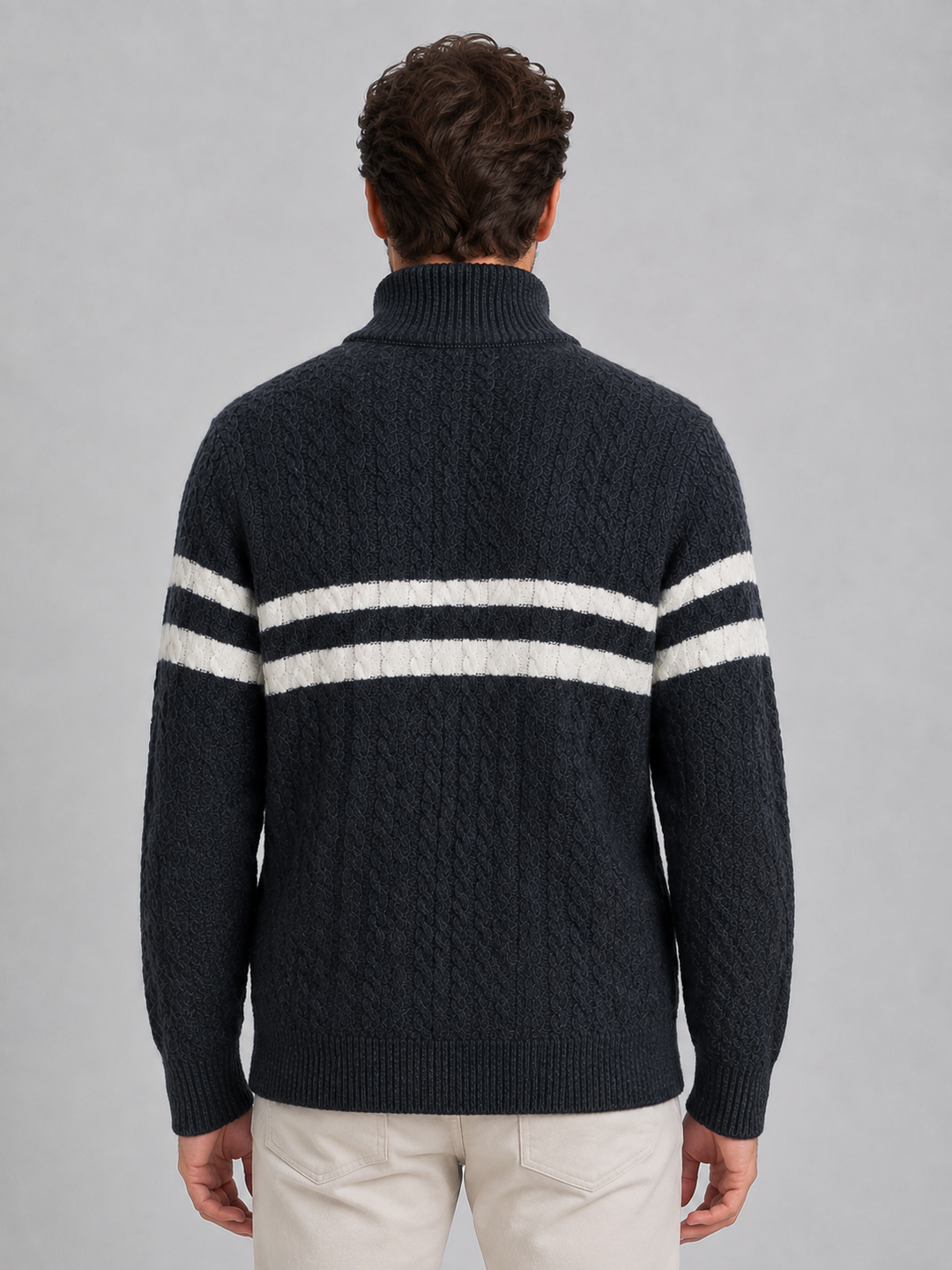 Wool-Blend Half-Zip Cable Knit Sweater for Men – Contrast Stripe, Ribbed Collar