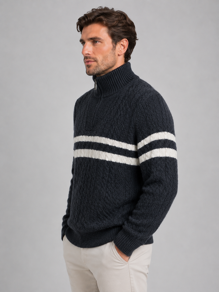 Wool-Blend Half-Zip Cable Knit Sweater for Men – Contrast Stripe, Ribbed Collar