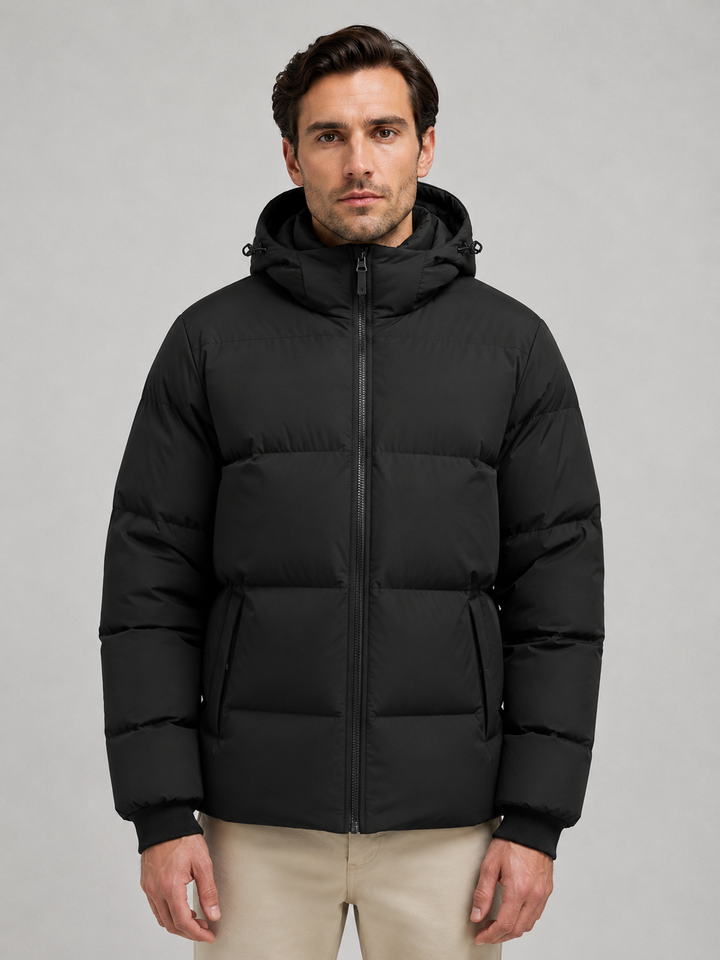 Quilted Hooded Puffer Jacket for Men – Full Zip, High Neck, Fitted Cuffs