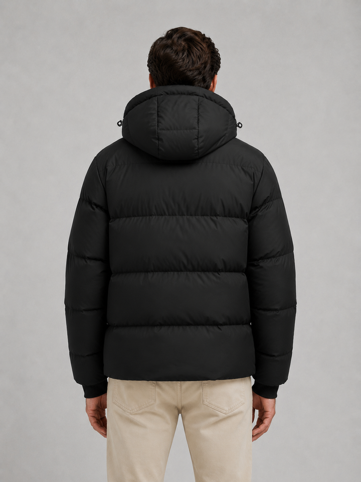 Quilted Hooded Puffer Jacket for Men – Full Zip, High Neck, Fitted Cuffs