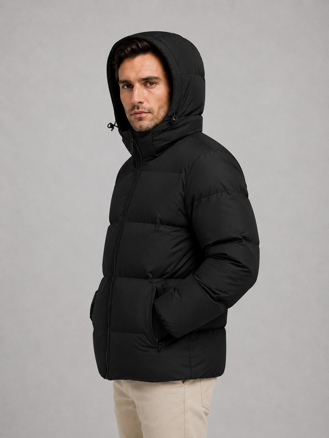 Quilted Hooded Puffer Jacket for Men – Full Zip, High Neck, Fitted Cuffs