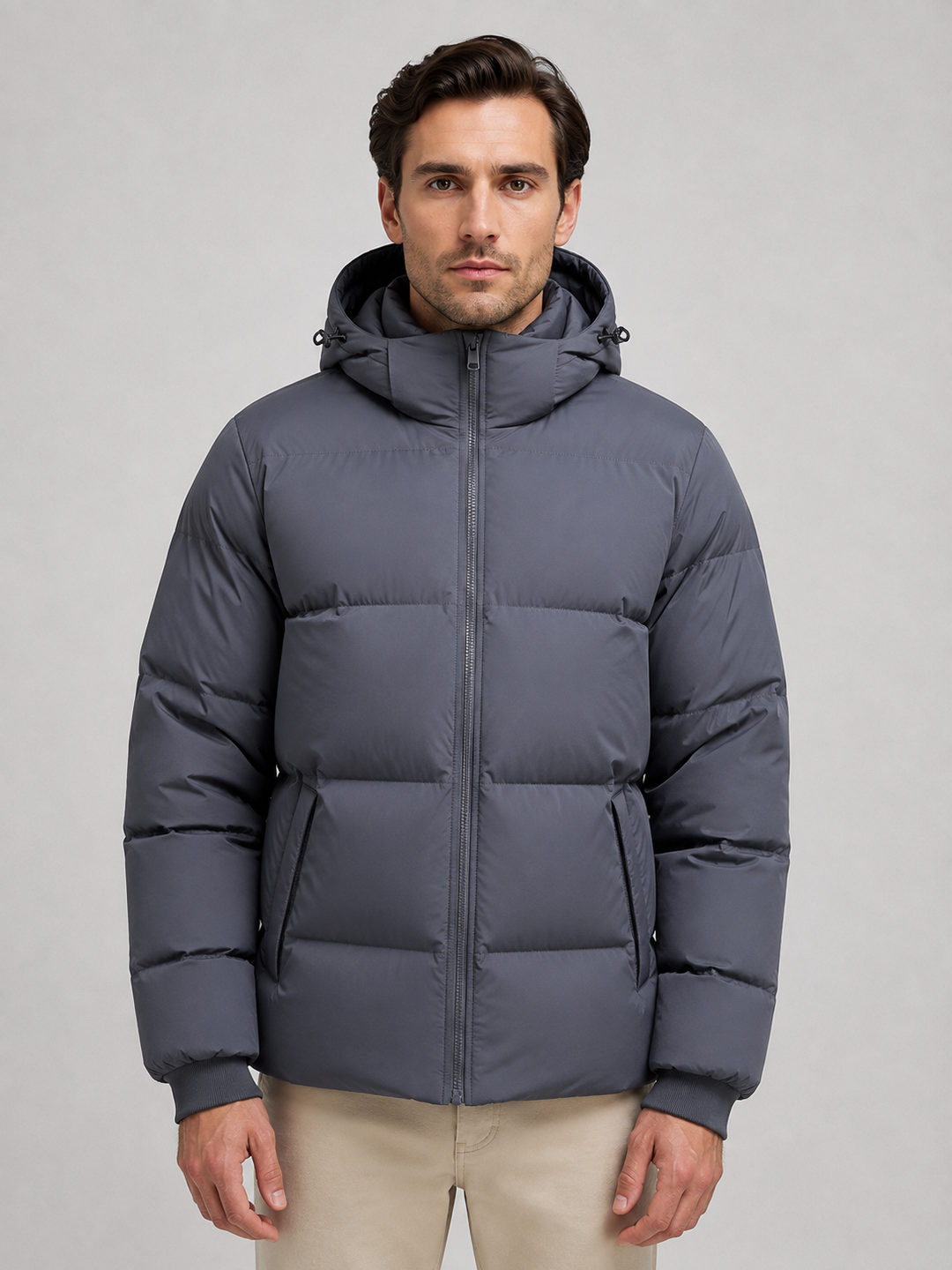 Quilted Hooded Puffer Jacket for Men – Full Zip, High Neck, Fitted Cuffs