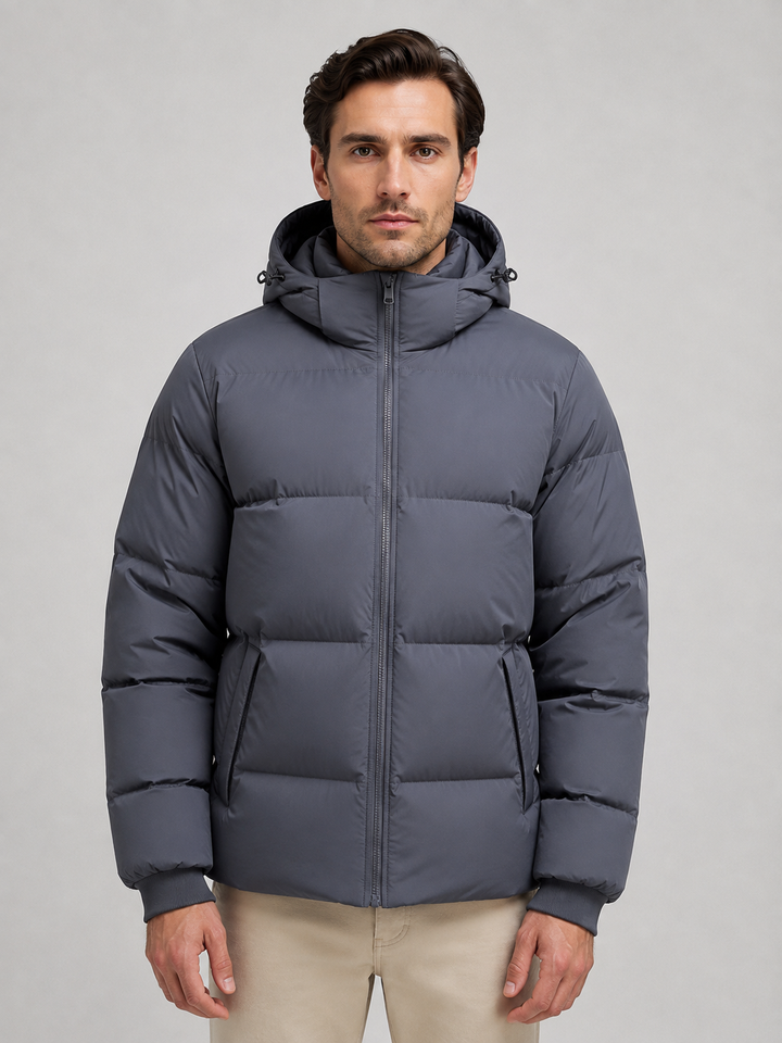 Quilted Hooded Puffer Jacket for Men – Full Zip, High Neck, Fitted Cuffs