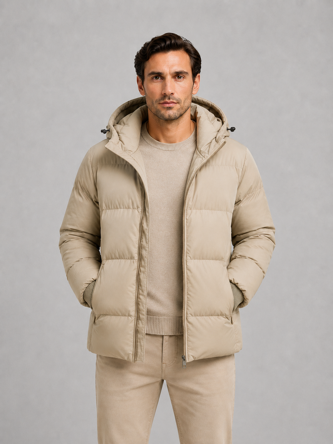 Quilted Hooded Puffer Jacket for Men – Full Zip, High Neck, Fitted Cuffs