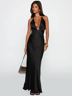 Millicent | Halter Neck Black Satin Evening Maxi Dress