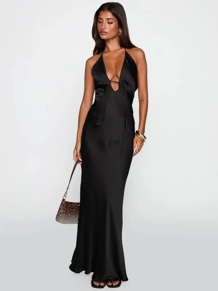 Millicent | Halter Neck Black Satin Evening Maxi Dress