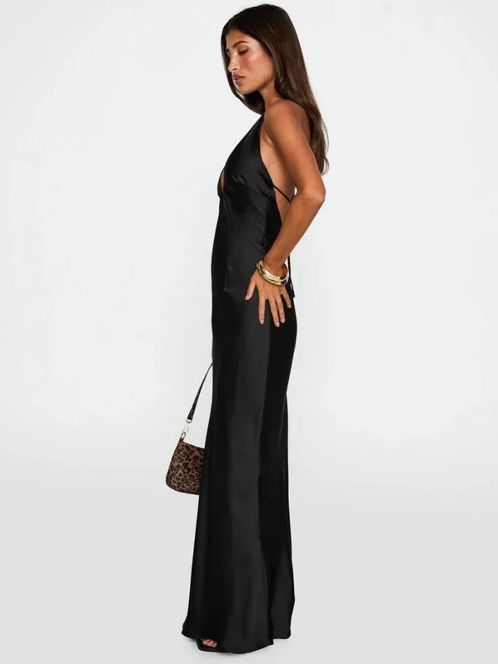 Millicent | Halter Neck Black Satin Evening Maxi Dress