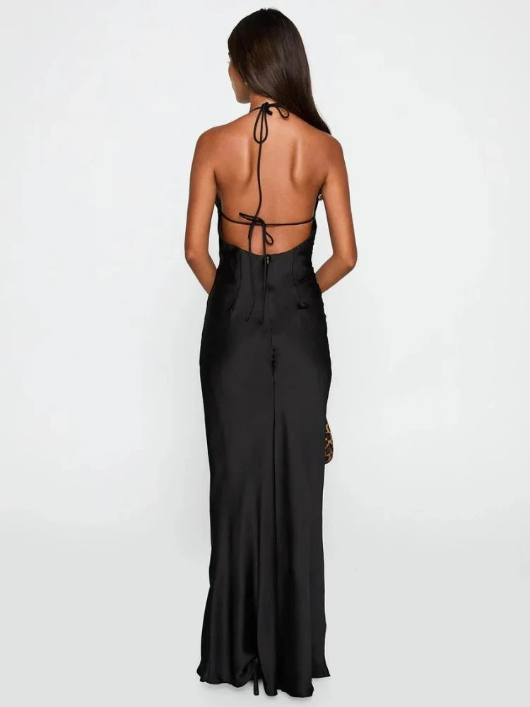 Millicent | Halter Neck Black Satin Evening Maxi Dress