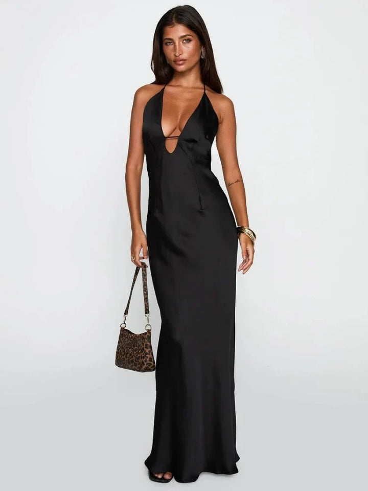 Millicent | Halter Neck Black Satin Evening Maxi Dress