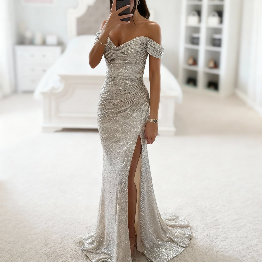 Sylviane | Sequin Off-Shoulder Maxi Dress with Leg Split for Women
