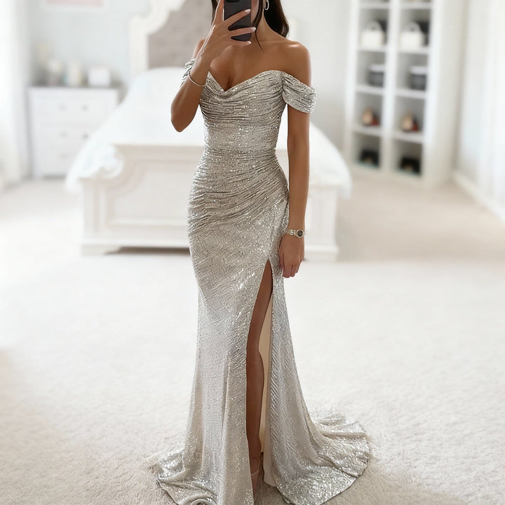 Sylviane | Sequin Off-Shoulder Maxi Dress with Leg Split for Women
