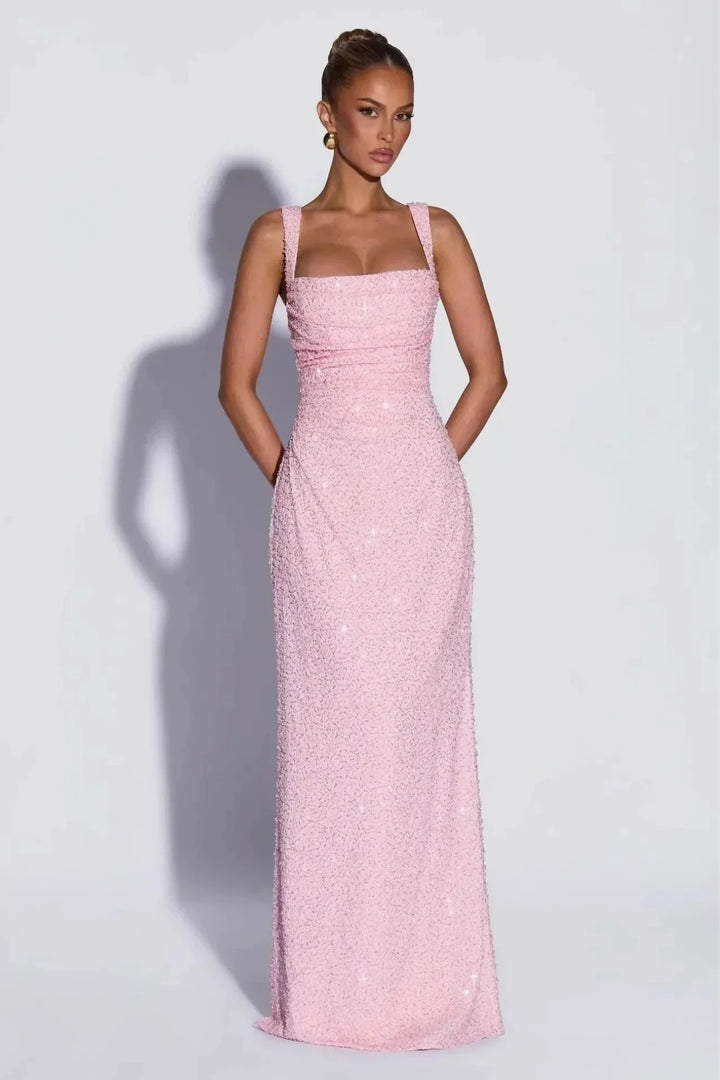 Perdita | Square Neck Lace Up Sequin Evening Maxi Dress with Back