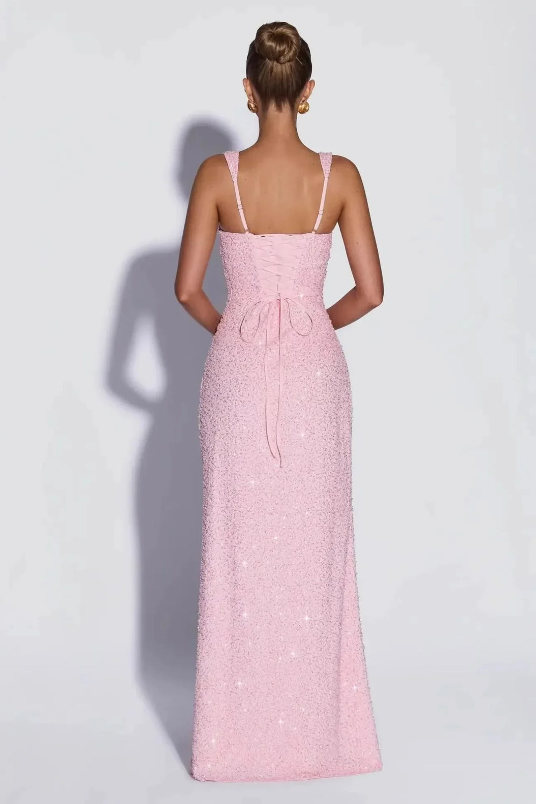 Perdita | Square Neck Lace Up Sequin Evening Maxi Dress with Back