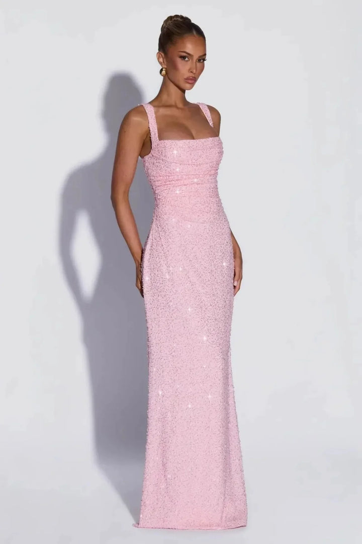Perdita | Square Neck Lace Up Sequin Evening Maxi Dress with Back