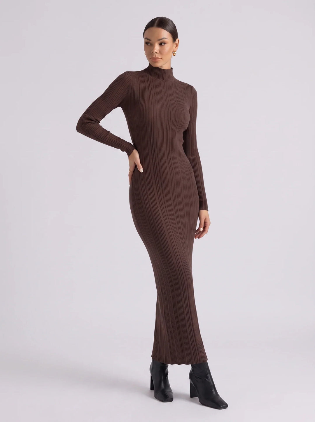 Rosemary | Mock Neck Ribbed Evening Bodycon Maxi Dress with Long Sleeves