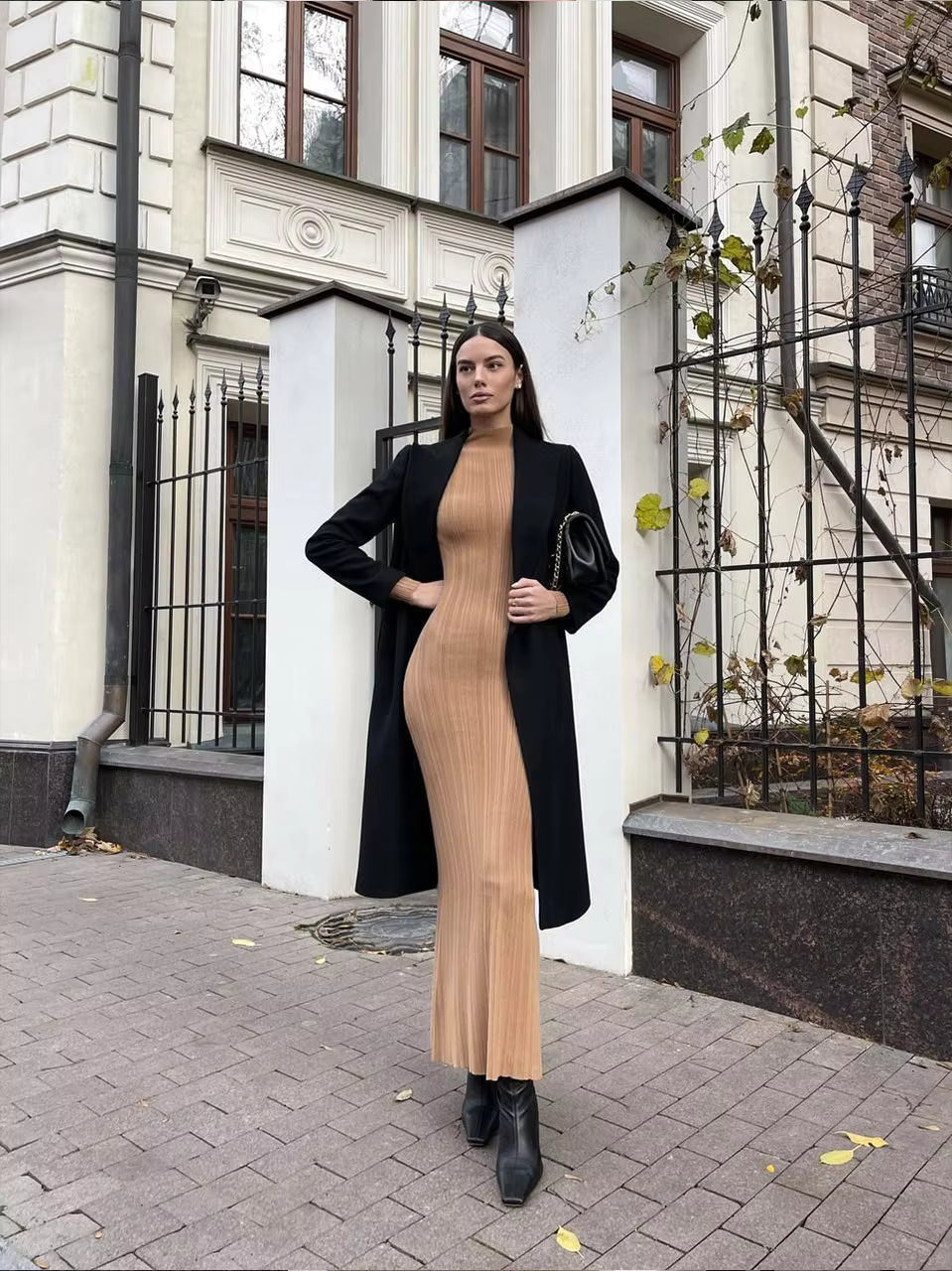 Rosemary | Mock Neck Ribbed Evening Bodycon Maxi Dress with Long Sleeves