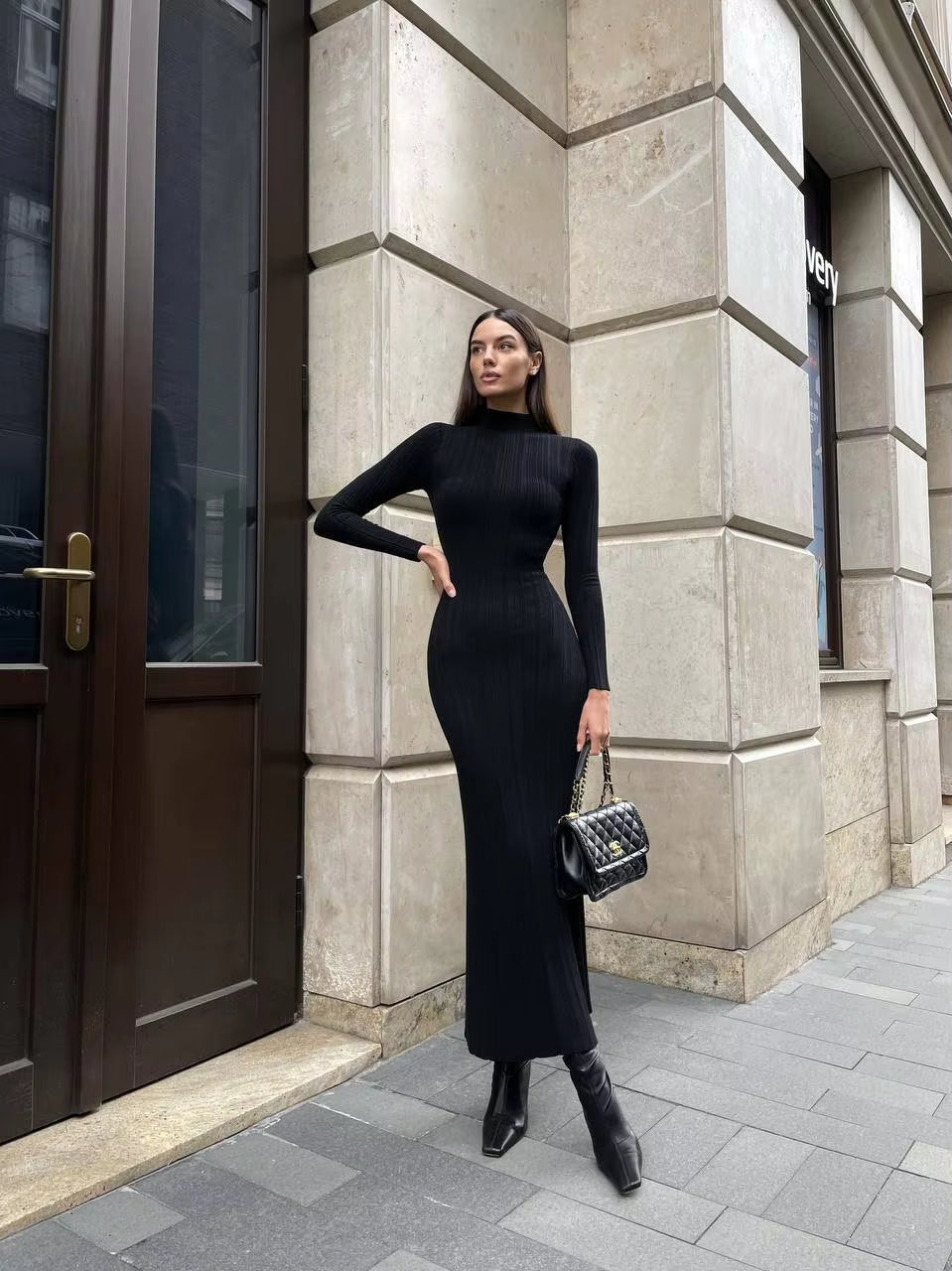 Rosemary | Mock Neck Ribbed Evening Bodycon Maxi Dress with Long Sleeves