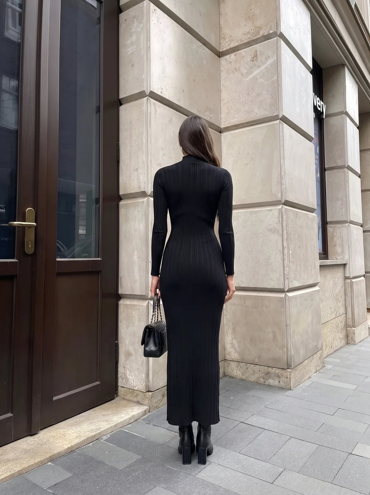 Rosemary | Mock Neck Ribbed Evening Bodycon Maxi Dress with Long Sleeves