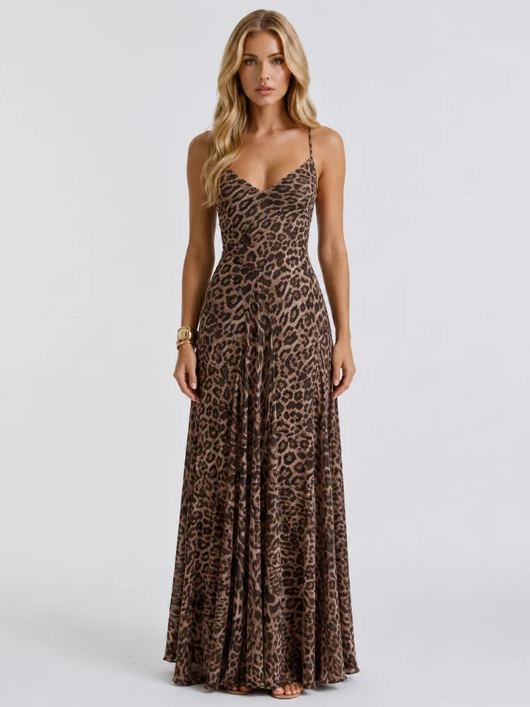 Samantha | V-Neck Leopard Print Evening Occasion Maxi Dress with Spaghetti Straps