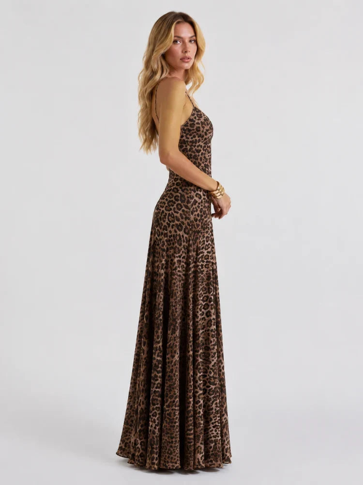 Samantha | V-Neck Leopard Print Evening Occasion Maxi Dress with Spaghetti Straps