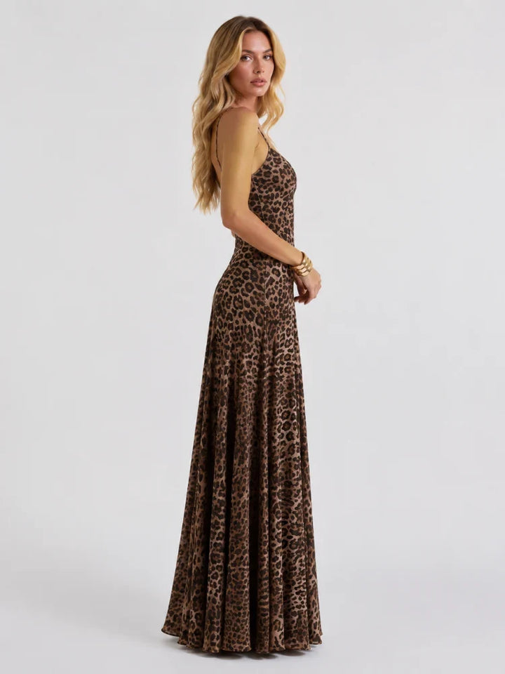 Samantha | V-Neck Leopard Print Evening Occasion Maxi Dress with Spaghetti Straps