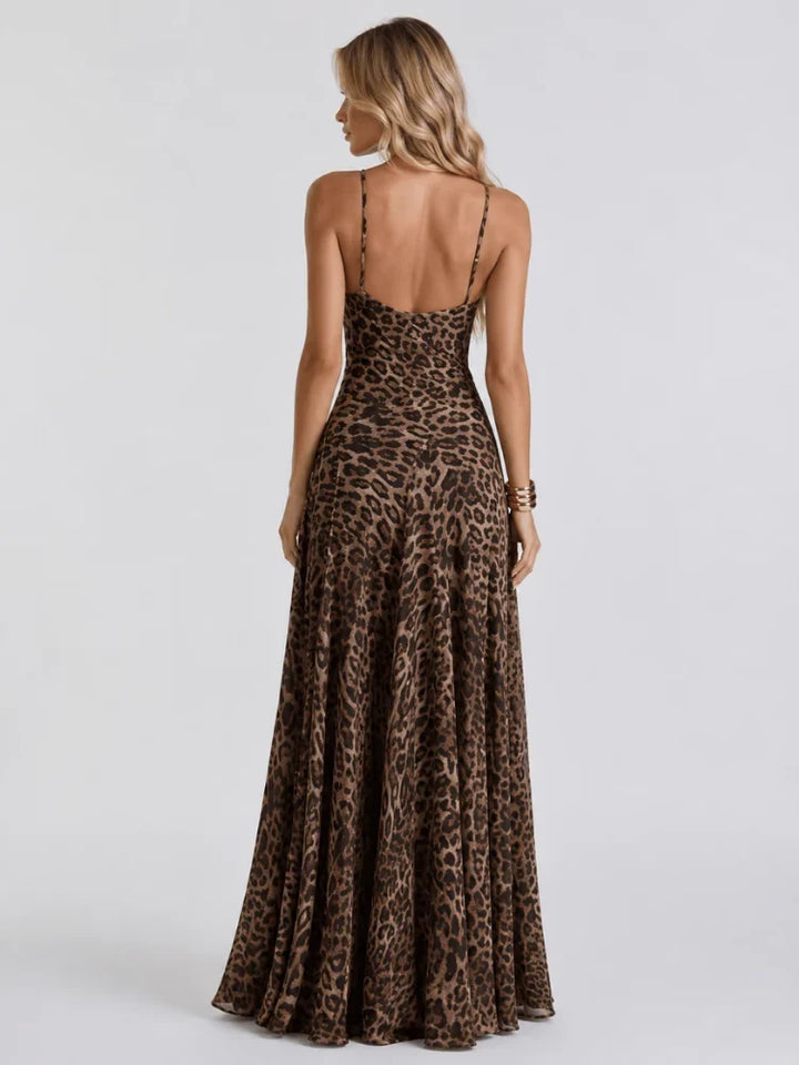 Samantha | V-Neck Leopard Print Evening Occasion Maxi Dress with Spaghetti Straps