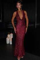 Scarlett | Deep V-Neck Sequin Halter Evening Maxi Dress with Open Back