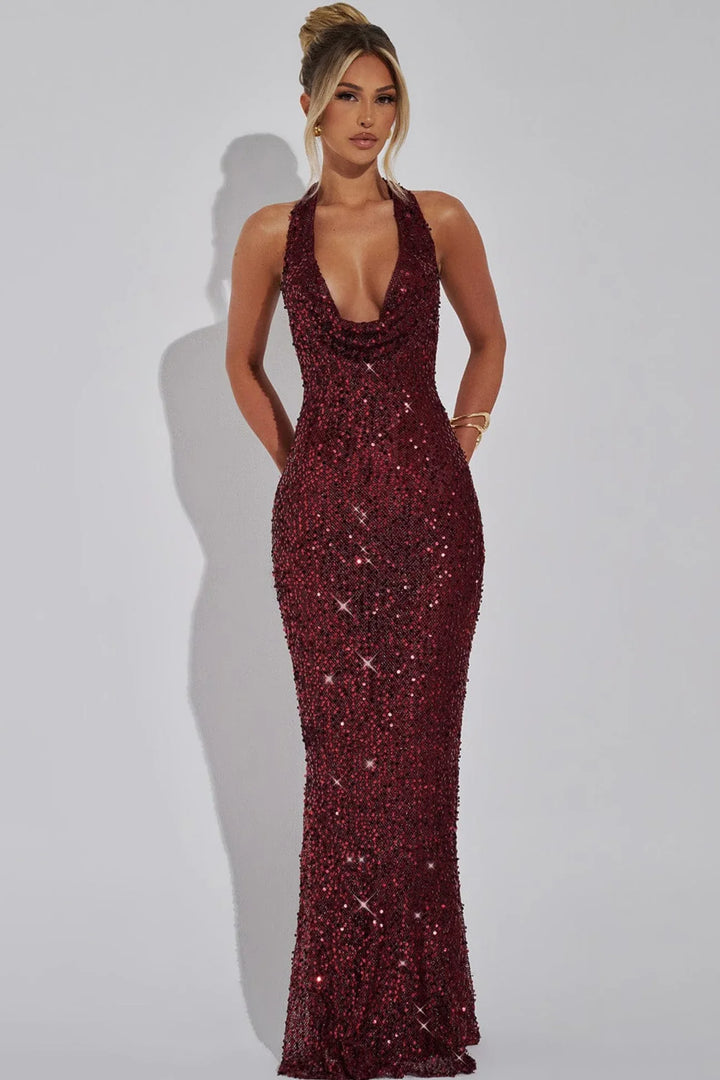 Scarlett | Deep V-Neck Sequin Halter Evening Maxi Dress with Open Back