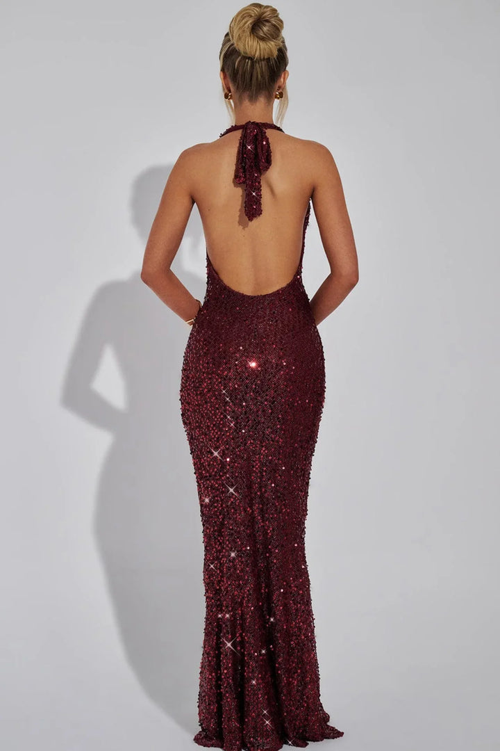 Scarlett | Deep V-Neck Sequin Halter Evening Maxi Dress with Open Back
