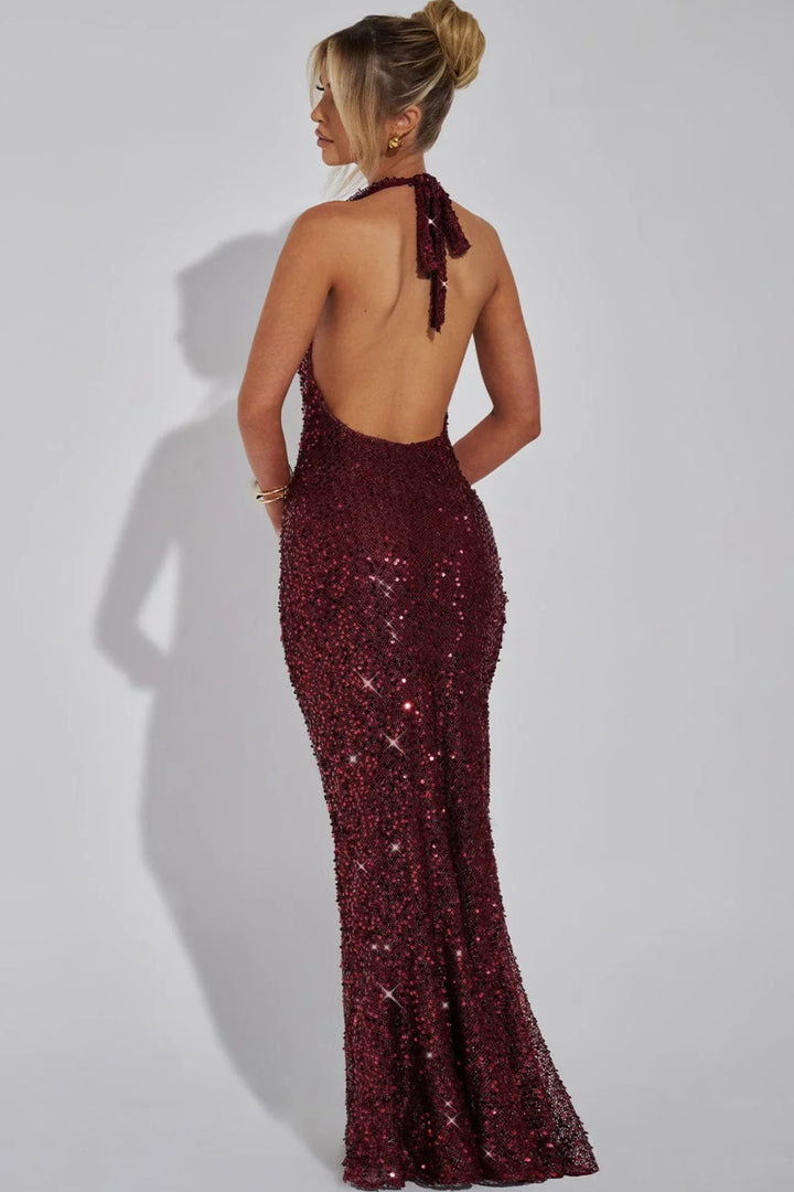 Scarlett | Deep V-Neck Sequin Halter Evening Maxi Dress with Open Back