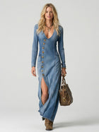 Tegan | Denim Maxi Dress with Long Sleeves and Button-Front for Women