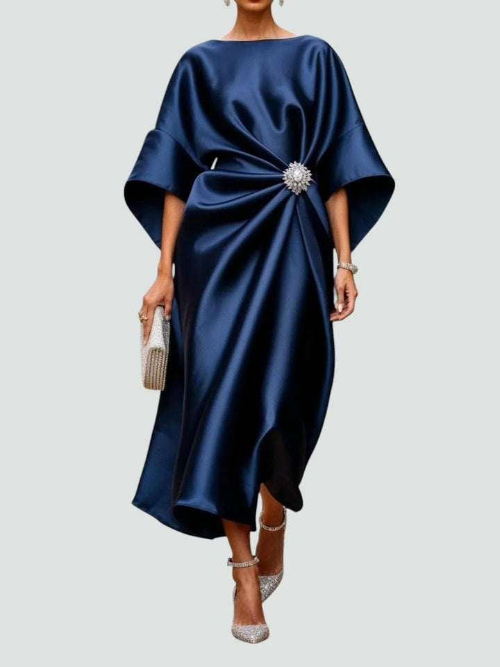Vivienne | Draped Ruched Evening Occasion Midi Dress with Batwing Sleeves and Brooch